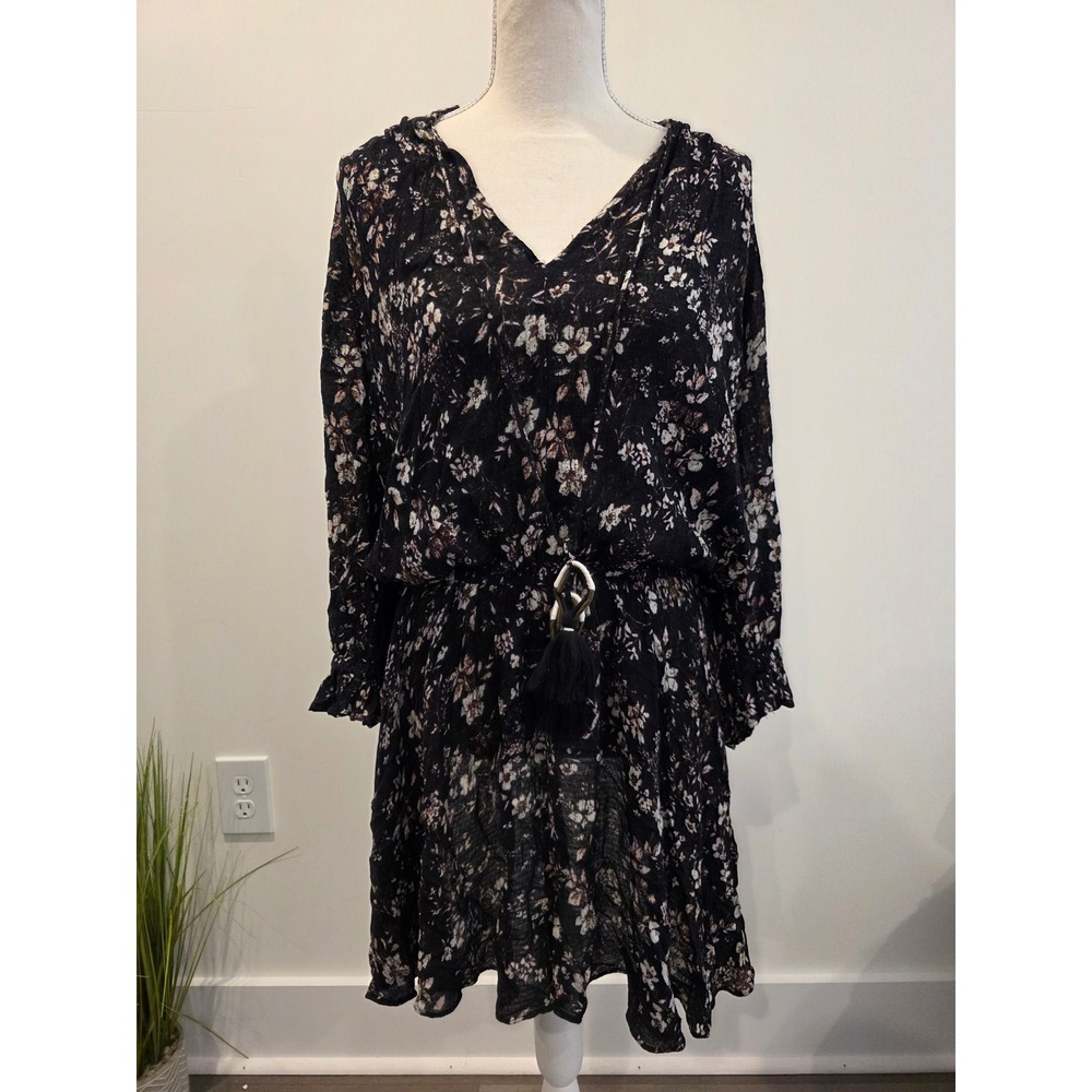 Zara Women's‎ Size Medium Black Floral 3/4 Sleeve Tassel Mini Dress